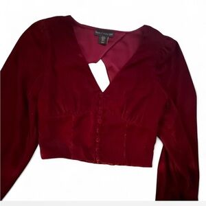 women’s crimson red velvet cropped long sleeve bustier top. Size XS